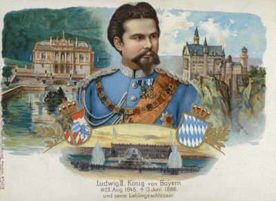 Ludwig II, kung av Bayern, och hans favoritslott (chromolitho) av European School