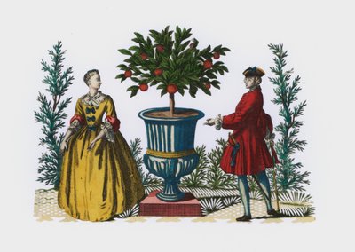Man och kvinna i 1700-talsklänning i en trädgård (färgad gravyr) av European School