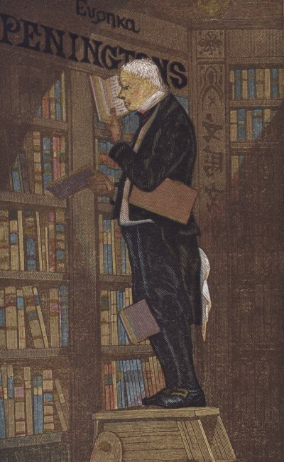 Man på toppen av en stege i en bokhandel (färg litho) av European School
