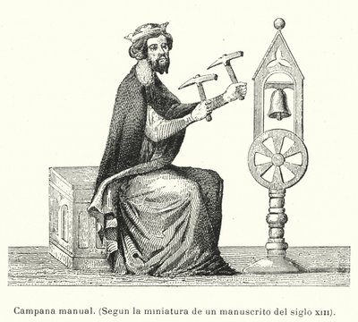 Man som ringer en klocka för hand med hammare (litho) av European School