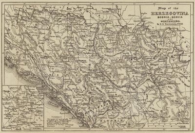 Karta över Hercegovina, Bosnien, Servia och Montenegro (gravyr) av European School