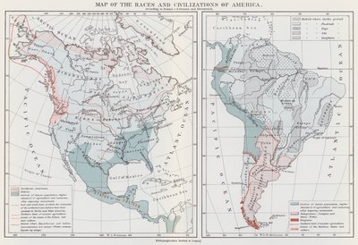 Karta över Amerikas raser och civilisationer (färglitografi) av European School
