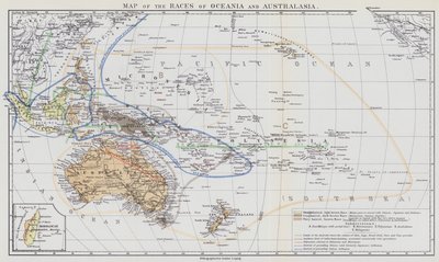 Karta över tävlingarna i Oceanien och Australasien (färglitografi) av European School