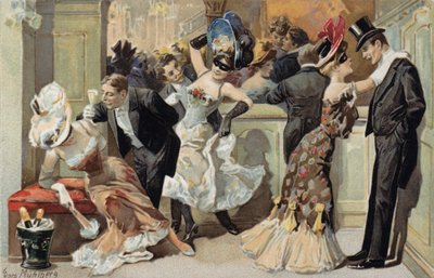 Maskeradbal, med män och kvinnor som dricker champagne (chromolitho) av European School
