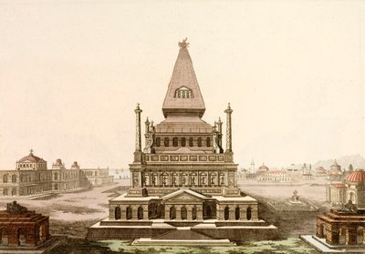Mausoleet vid Halikarnassus, graven av den persiske satrapen Mausolus, ett av den antika världens sju underverk (färgad gravyr) av European School