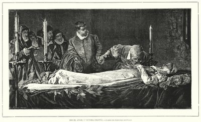 Michelangelo hedrar Vittoria Colonnas döda kropp (litho) av European School