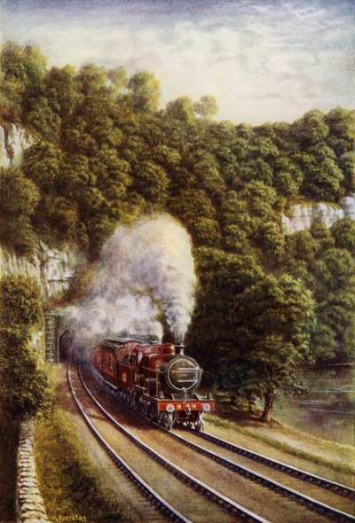 Midland Scotch expresståg på Midland Railway som färdas genom Yorkshire Dales (färg litho) av European School