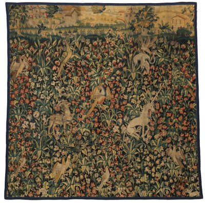 Mille fleurs gobelängfragment föreställande djur, fåglar och landskap, ca 1500 (ull) av European School