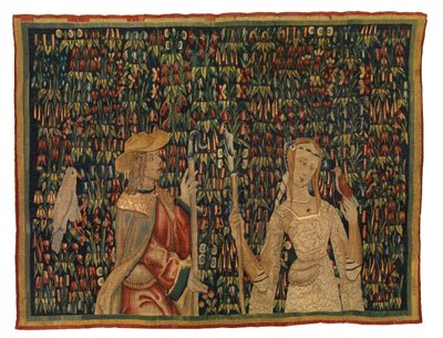Mille fleurs gobelängfragment som föreställer herde och herdinna eller dam och ungdom (ull och siden) av European School