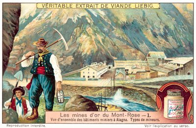 Gruvarbetare och gruvbyggnader vid Monte Rosa guldgruvor, Italien (chromolitho) av European School