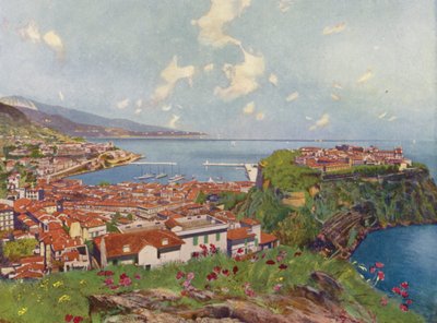 Monaco, The Rock och General View (färglitografi) av European School