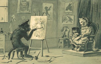 Apa som målar ett porträtt av en katt och en kattunge (lito) av European School