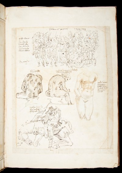 Ms 701 fl.34v, ritning inklusive en vy av Spinario från baksidan, sent 1400-tal (penna och bläck på papper) av European School