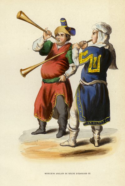 Engelska Musicians of the Reign of Edward III (färgad gravyr) av European School