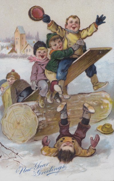 Nyårskort föreställande barn som leker i snön (chromolitho) av European School