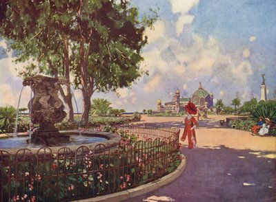 Nice, La Jetee, monumentet och Fontaine des Phoceens (färglitografi) av European School