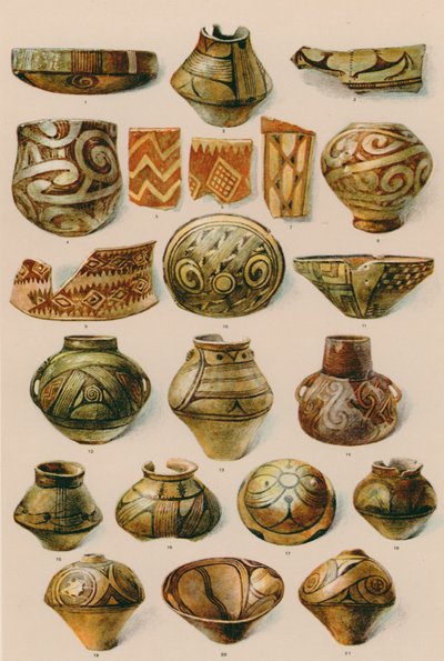Ornament: Södra Ryssland, Rumainien, Norra Grekland, Slutet av yngre stenåldern till början av bronsåldern (färglitografi) av European School