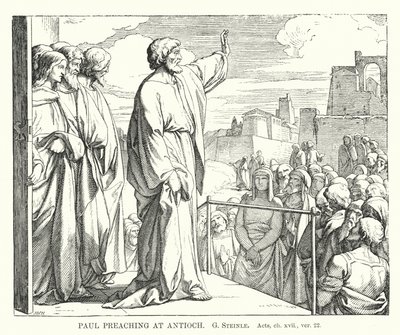 Paulus predikar i Antiokia, Apostlagärningarna, kap xvii, ver 22 (gravyr) av European School