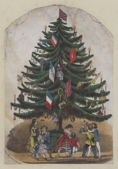 Människor under en julgran, hälsningskort (färg litho) av European School