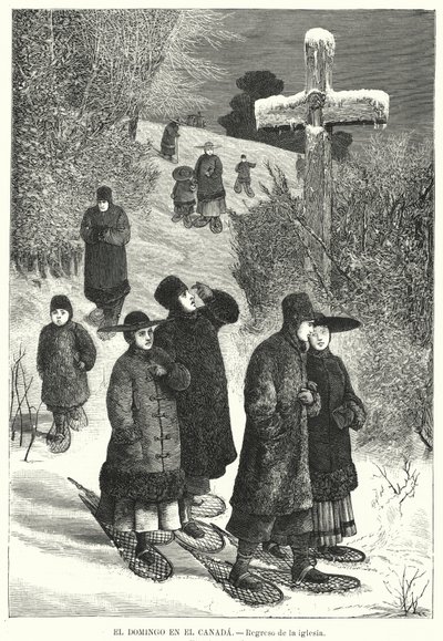 Människor som bär snöskor som återvänder från kyrkan på söndag, Kanada (litho) av European School