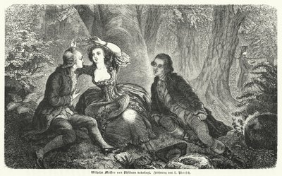 Philinen kröner Wilhelm Meister med en krans: scen ur Johann Wolfgang Goethes roman Wilhelm Meisters Lehrjahre (gravyr) av European School