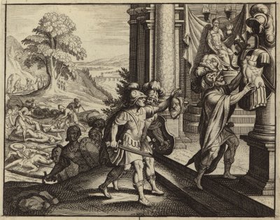 Filistéer sätter Sauls huvud i sin gud Dagons tempel (gravyr) av European School