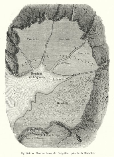Plan över Aiguillon-viken nära La Rochelle (gravyr) av European School