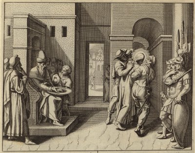 Pontius Pilatus tvättar sina händer efter att Jesus Kristus dömts till döden (gravyr) av European School