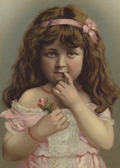 Porträtt av en flicka som håller en blomma (färg litho) av European School