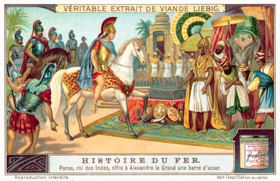 Porus, kung av Pauravas, erbjuder Alexander den store en stålstång (chromolitho) av European School