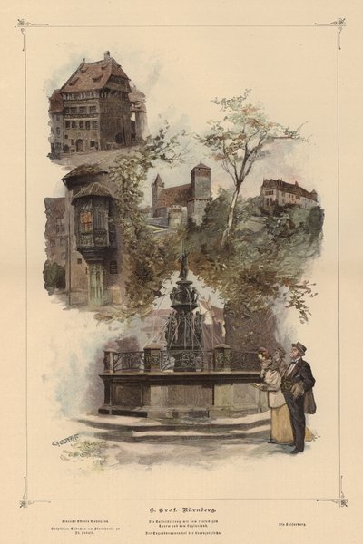 Framstående byggnader i Nürnberg, Tyskland (färgad gravyr) av European School