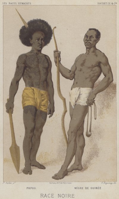 Svart ras, Papuan, Svart från Guinea (chromolitho) av European School