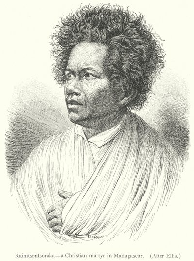 Rainitsontsoraka, en kristen martyr på Madagaskar (gravyr) av European School