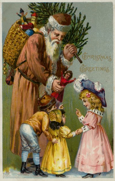 Jultomten ger julklappar och en julgran till barn (färglitografi) av European School