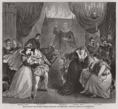 Scen ur akt III av den tyske dramatikern Albert Lindners tragedi Die Bluthochzeit (Blodbröllopet) (gravyr) av European School