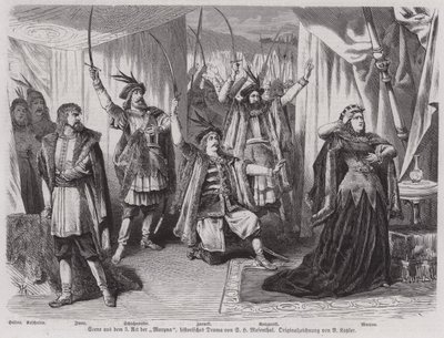 Scen från akt III av den tyske dramatikern Salomon Hermann Mosenthals historiska drama Maryna (gravyr) av European School