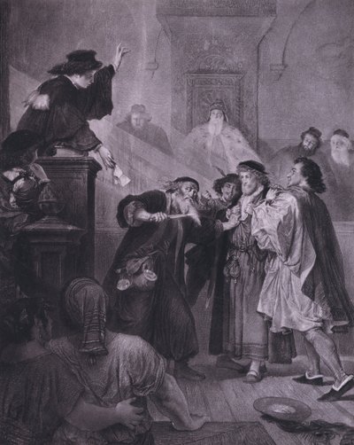 Scen ur Shakespeares The Merchant of Venice (akt IV, scen 1) (litho) av European School