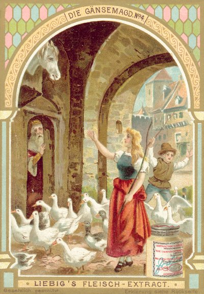 Scen från Bröderna Grimms saga Gåsflickan (chromolitho) av European School