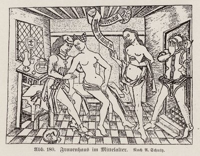 Scen i ett Frauenhaus, en tysk bordell från senmedeltiden (gravyr) av European School
