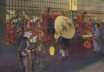 Scen i stadsdelen Yoshiwara i Tokyo, Japan (färglitografi) av European School