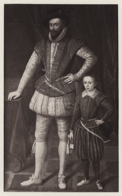 Sir Walter Raleigh och hans son (litho) av European School