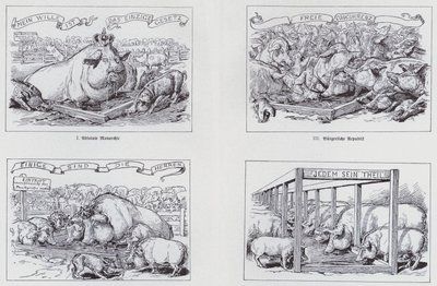 Socialistisk tecknad serie från 1895 om olika regeringsformer (litho) av European School