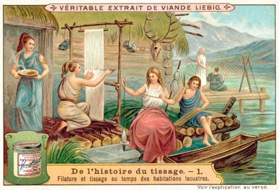 Spinning och vävning i en gammal by vid sjön (chromolitho) av European School