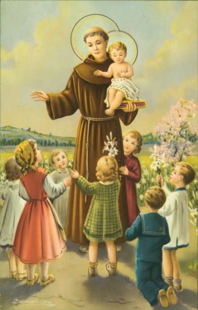 S:t Franciskus av Assisi med Jesusbarnet och barnen (färglitografi) av European School