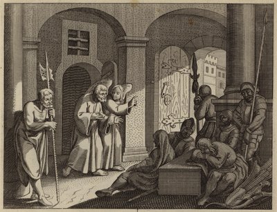 St Peter befriad från fängelset av en ängel (gravyr) av European School