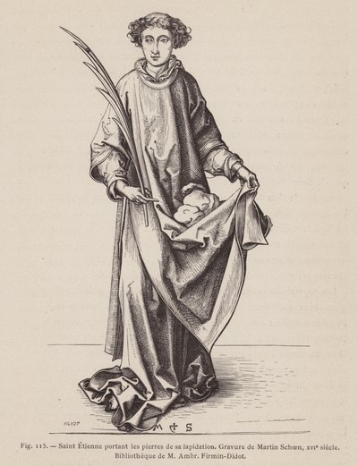 St Stephen bär en martyrs palmblad och stenarna som användes i hans martyrskap (gravyr) av European School