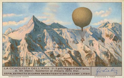 Den schweiziske ballongföraren Eduard Spelterini flyger över Alperna (chromolitho) av European School