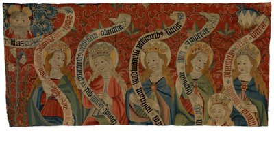 Gobelängfragment föreställande den Allsmäktige och sex heliga kvinnor, troligen från ett antependium, slutet av 1400-talet (ull) av European School