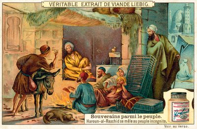 Den abbasidiska kalifen Harun al-Rashid blandar sig med sitt folk inkognito (chromolitho) av European School