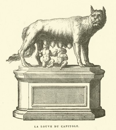 Capitoline Wolf, bronsskulptur som föreställer varghonan som diar Romulus och Remus, Roms tvillinggrundare (gravyr) av European School